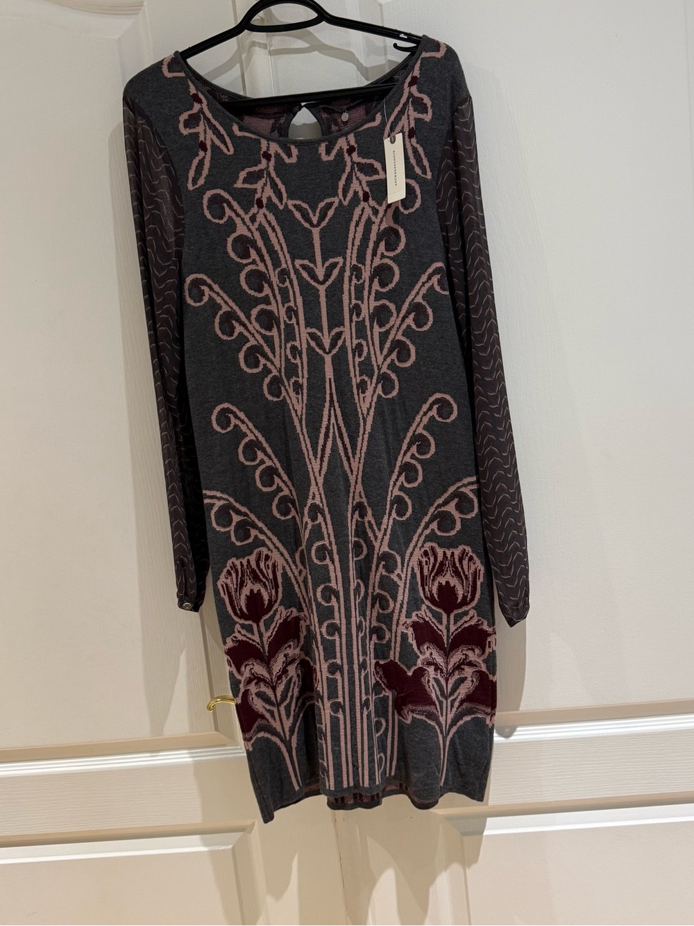Anthropology Knit Dress with Dark Pink Floral Pattern (M) Sheer Sleeves